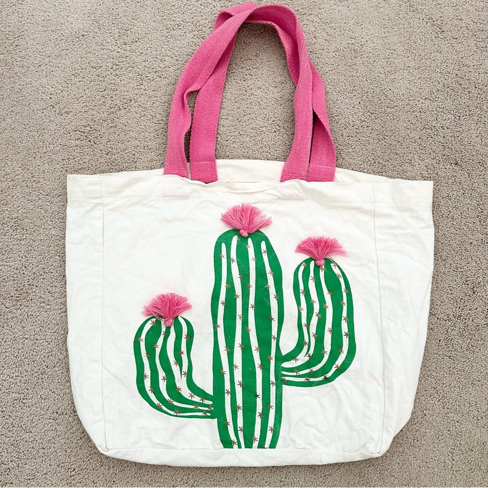 Cactus Canvas Tote With Pom Poms - White Pink & Green Beach Bag / Tropical